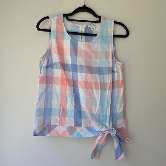 J. CREW Linen Blend Scoop Neck Tank Top | Size 4 | Tie Waist Plaid Sleeveless - Picture 1 of 7